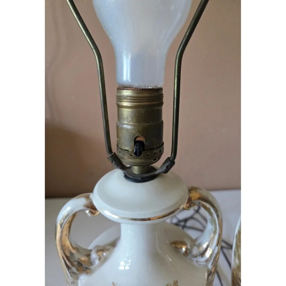 Vintage Pair Floral Porcelain Urn Table Lamps White Gold Roses Hollywood Regency